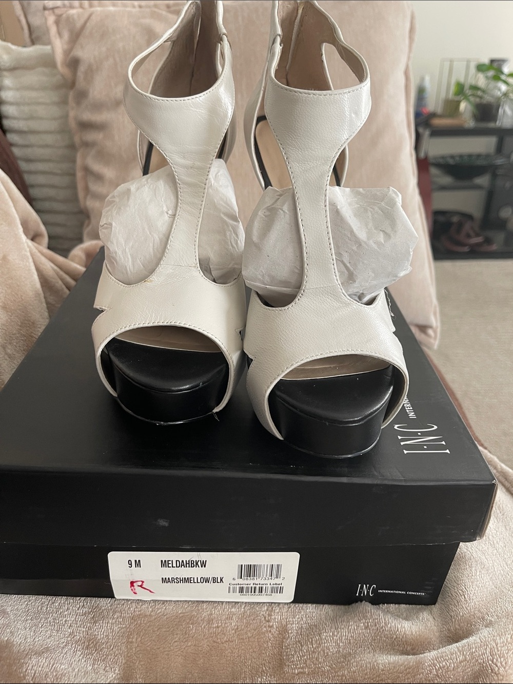 INC International Concepts White and Black Platform T-Strap Heels